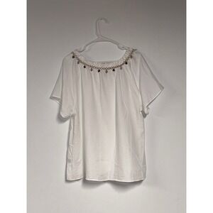 SHEIN Curve White Boho Shell Sequin Embellished Button Front Blouse Top 2XL